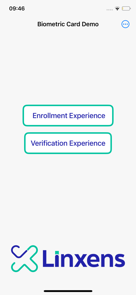 登録および検証オプションを備えたBiometric Card Demoアプリのメインインターフェース