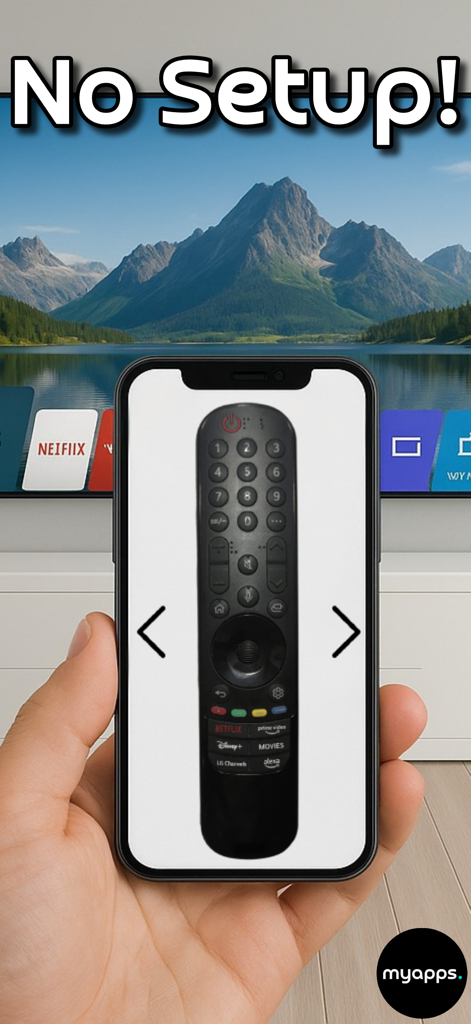 Remote For LG Smart TVs - Mano sosteniendo un smartphone mostrando una interfaz de control remoto digital LG con el texto Sin configuración encima de un televisor inteligente.