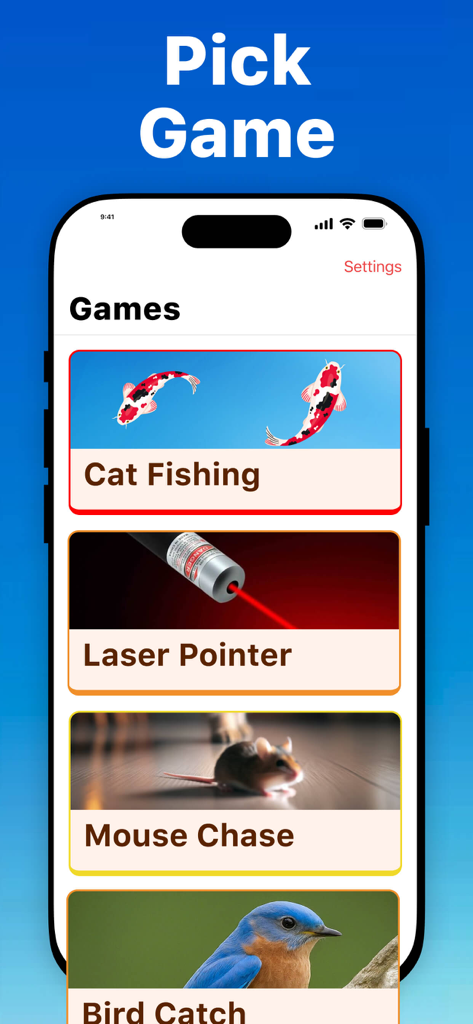Games for Cats & Kitty - Mobile app menu showing game choices for cats including fishing, laser pointer, and mouse chase.