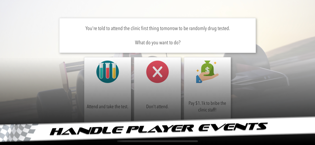 Motorsport Superstar - A game screenshot of Motorsport Superstar showing a life simulation decision screen about a random drug test.