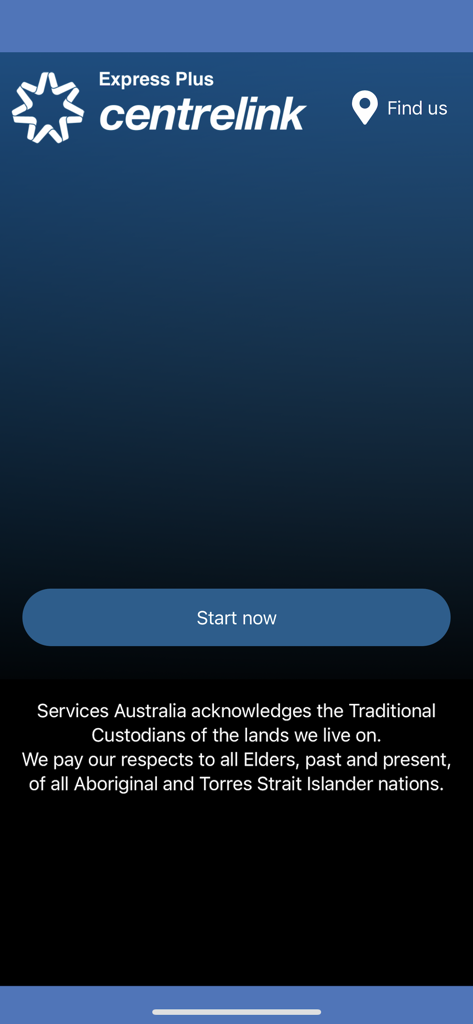 Welcome screen of the Express Plus Centrelink mobile app with a Start now button