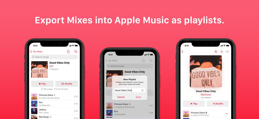 Miximum: Smart Playlist Maker - Screenshots showing how to export smart mixes as Apple Music playlists on an iPhone.