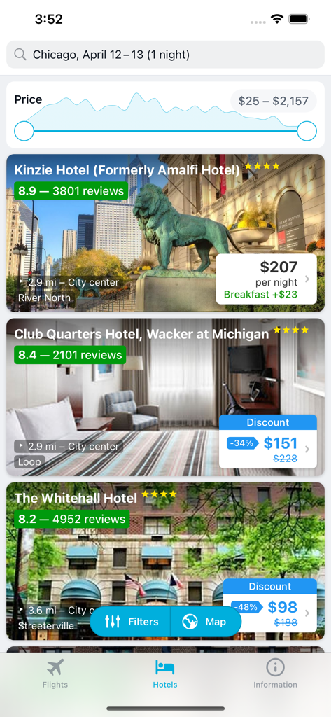 Cheap Plane Tickets - 가격 및 할인이 표시된 시카고 숙박 목록을 보여주는 저렴한 항공권 앱의 호텔 검색 인터페이스