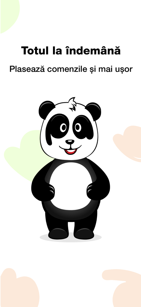 Pandashop.md - Pandashop App Startbildschirm mit einem Cartoon-Panda-Maskottchen und rumänischem Text