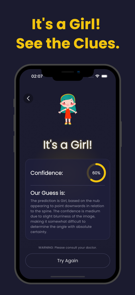 Nubula app screen showing a girl gender prediction with a sixty percent confidence score.