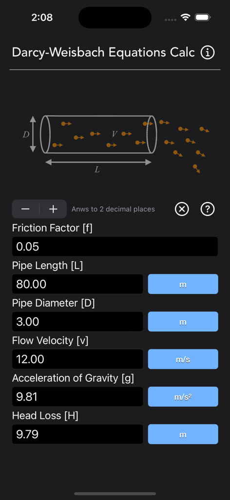 Interface of the Darcy Weisbach Equations Calc app showing fluid dynamics calculation fields like pipe length and head loss
