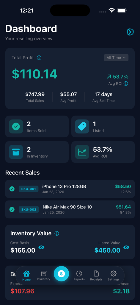 Flip Profit Calculator - Flip Profit Calculator dashboard showing total profit sales metrics and recent reselling inventory