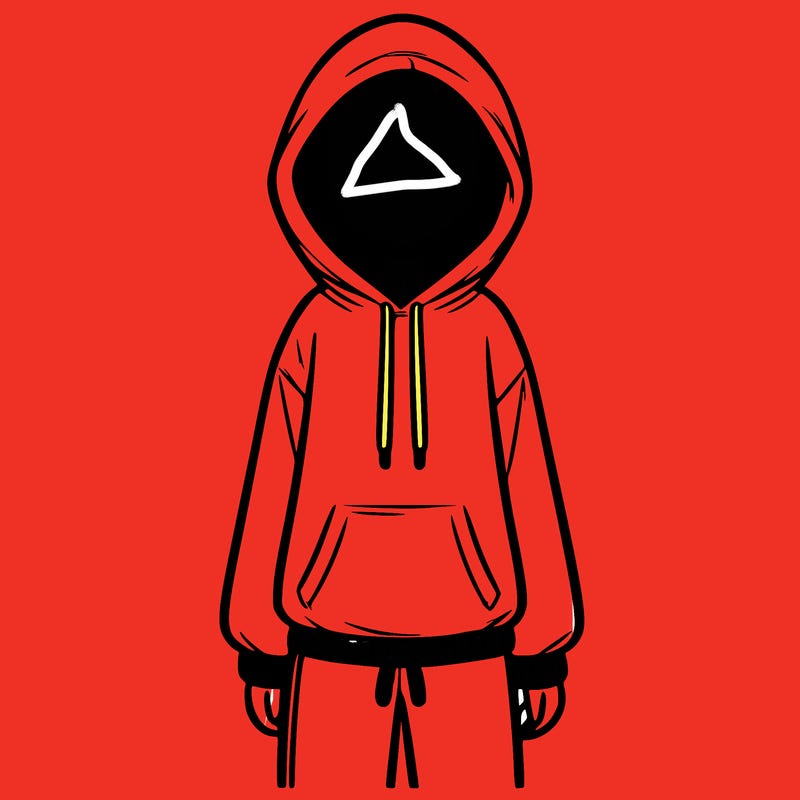 faceless girl in a tracksuit with a hood on and no hair