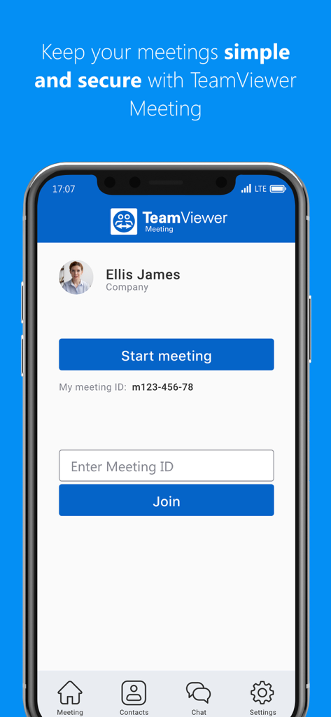 TeamViewer Meeting - Startbildschirm der TeamViewer Meeting App mit Optionen zum Starten oder Beitreten eines sicheren Meetings
