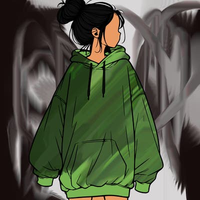 realistic girl with a oversized sweatshirt on and a bun