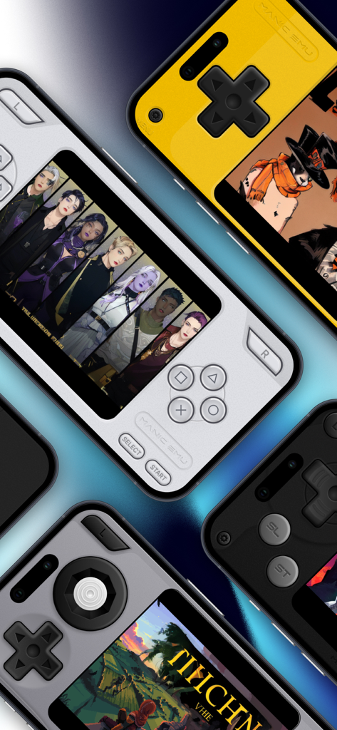 Manic EMU - Game Emulator - L'émulateur Manic EMU affichant divers skins de consoles de jeux personnalisés sur iPhone