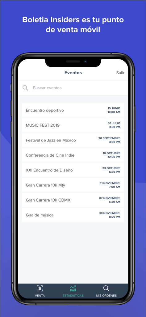 Insiders: Imprime boletos - Pantalla de lista de eventos de la aplicación móvil Boletia Insiders que muestra fechas y horas de varios eventos organizados