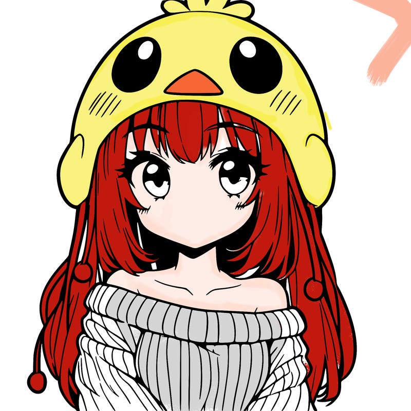 anime girl with chick shaped hat with sweater with bare shoulders with bangs covering them one eye with low tail
