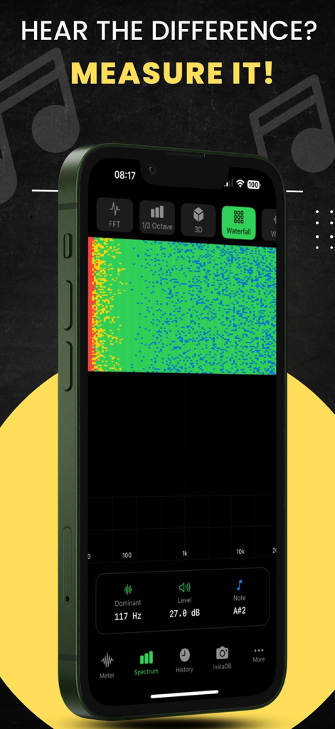 Smartphone displaying the Waterfall spectrum analysis feature of Decibel X PRO app showing decibel levels and dominant frequency.