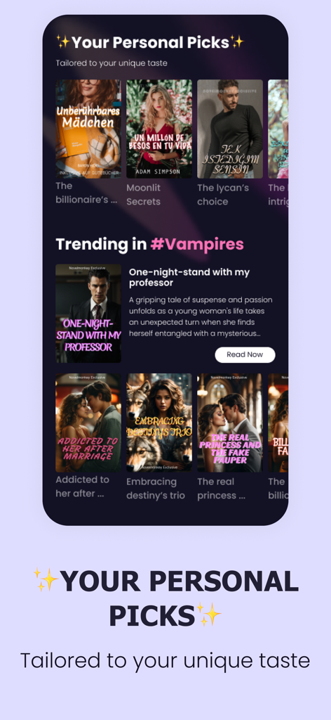 Mobile app interface showing personalized book recommendations and trending vampire stories
