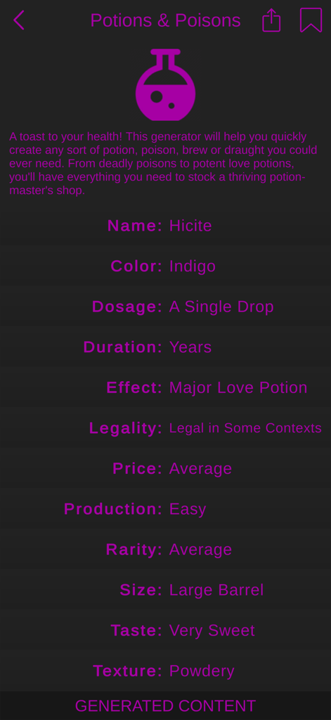 Fantasy Writer's Companion - Ein Screenshot des Generators für Tränke und Gifte in der Fantasy Writer's Companion App, der Details zu einem generierten Liebestrank zeigt.
