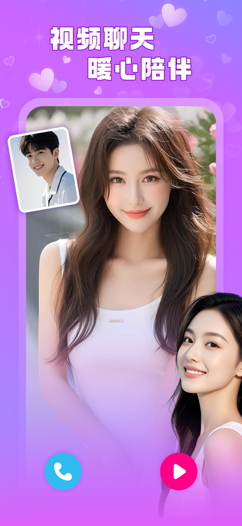 麦趣聊天— 一对一视频聊天交友软件 - 맥취챗 모바일 앱 화면, 사용자의 프로필 사진이 보라색 하트 테마 배경에 표시되는 1:1 영상 채팅 기능.