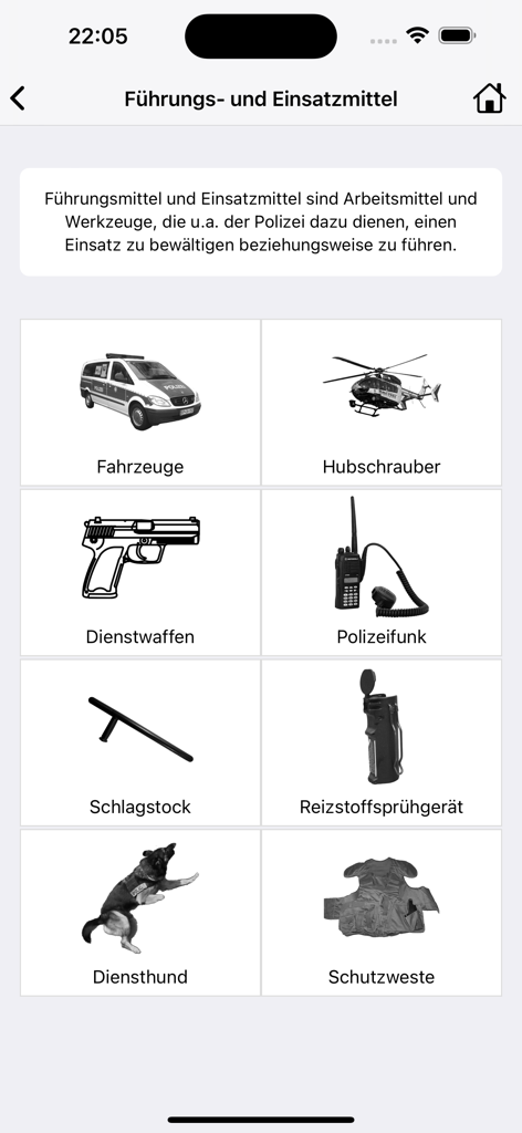 PWiki – Polizei-Lexikon - PWiki app screen displaying categories for German police equipment including vehicles, weapons, and service dogs