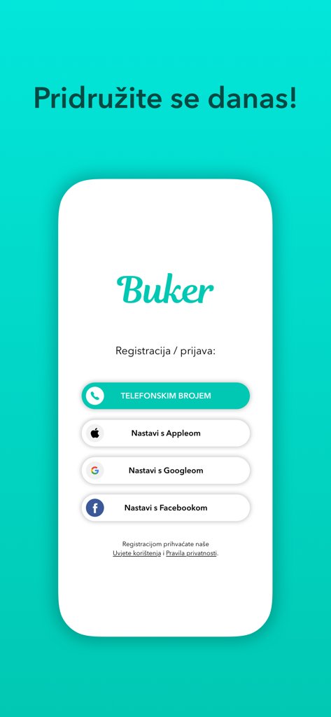 Buker - Pantalla de registro e inicio de sesión de la aplicación de reserva de salones Buker con opciones de autenticación social