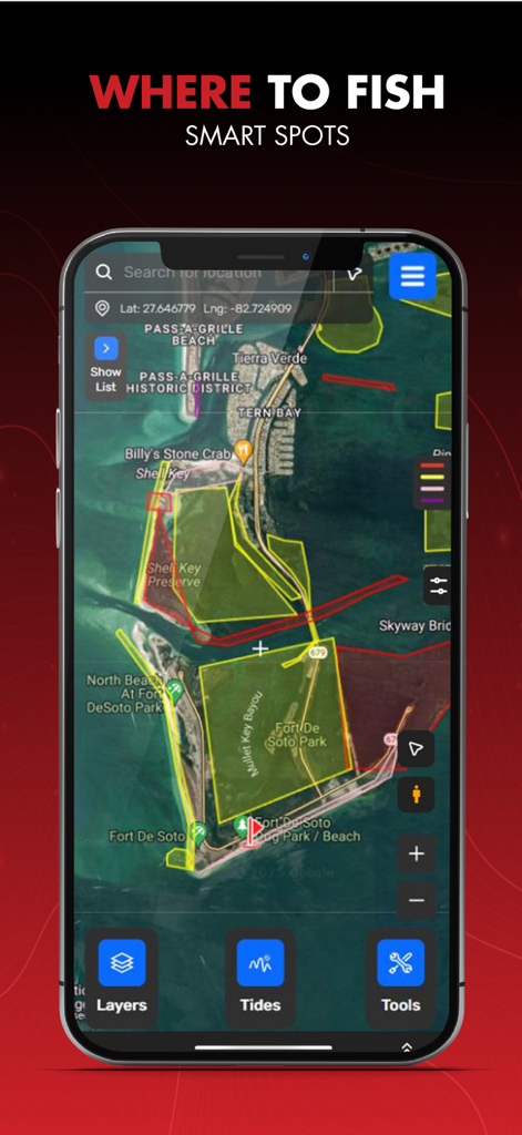 Salt Strong Smart Spots - Salt Strong Smart Spots app showing a satellite map with highlighted inshore fishing zones and navigation tools.