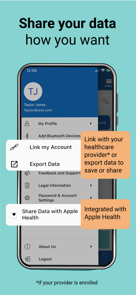 A&D Heart Track - A and D Heart Track app interface showing options to share health data with healthcare providers and Apple Health