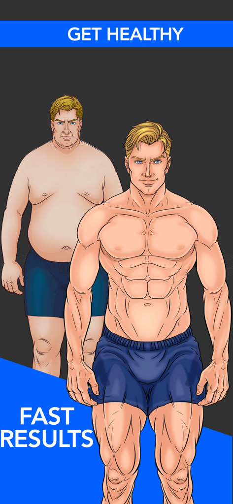Fitzy AI Fitness & Workout - Illustration of a man body transformation from overweight to muscular with text Get Healthy and Fast Results