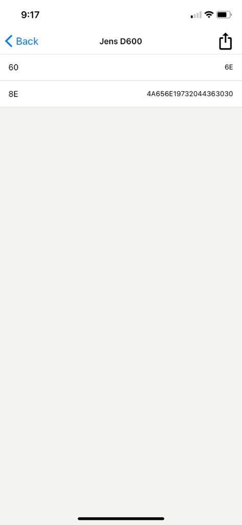 Maintenance by Socket Mobile - Technical device information and hexadecimal configuration data for a Socket Mobile D600 reader