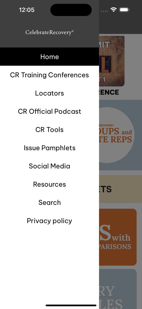 Navigation menu of the Celebrate Recovery app showing links to recovery resources and tools