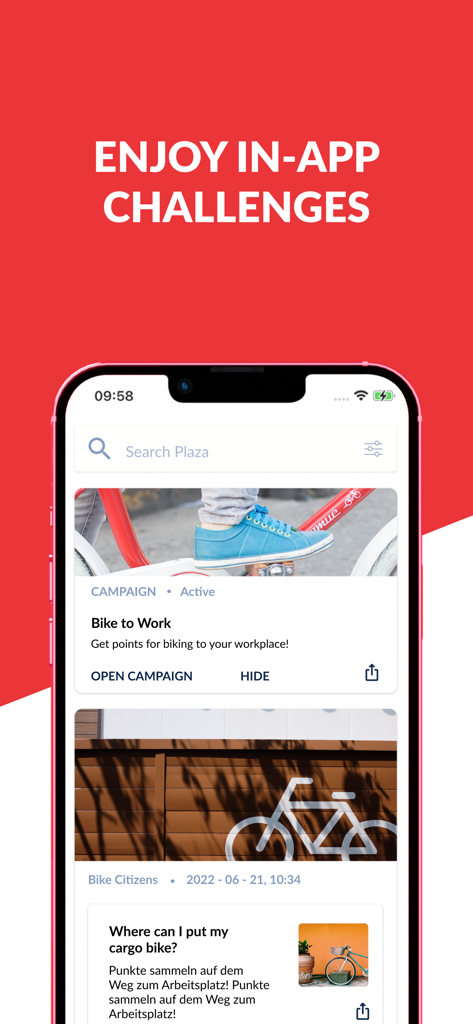 Bike Citizens Cycling App GPS - Mobile screen of the Bike Citizens app highlighting the Bike to Work challenge and community campaigns.