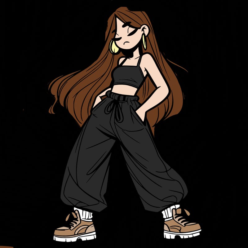 girl in baggy pants crop top and long hair