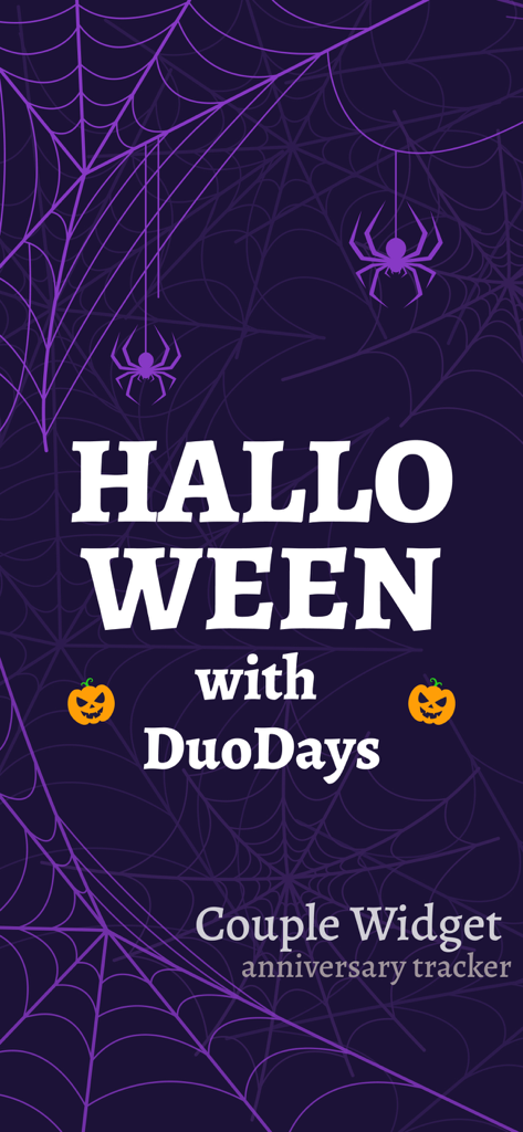 Relationship counter — My love - DuoDays 기념일 카운터 앱 할로윈 테마 프로모션 화면, 거미와 호박 포함