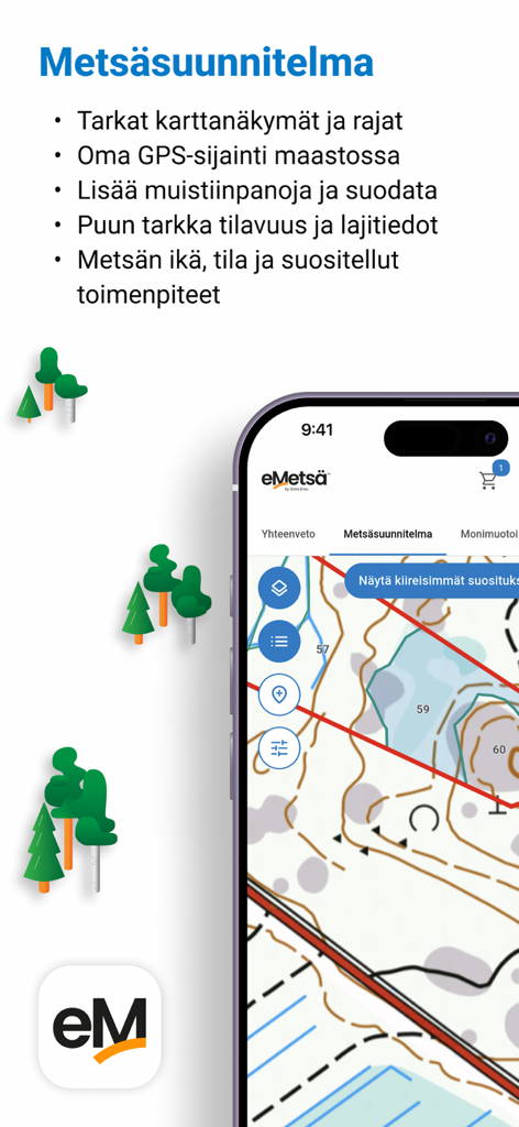 eMetsä Mobiili - Interface do aplicativo eMetsä Mobiili mostrando um mapa de plano florestal com detalhes topográficos e linhas de limite de propriedade.
