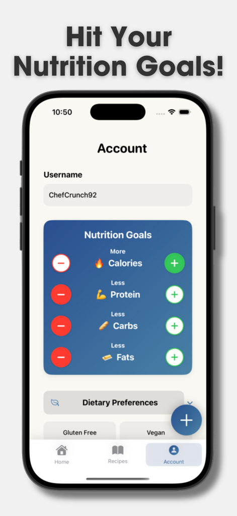 Recipi: AI Recipe Maker - Interfaz de la aplicación Recipi que muestra la pantalla de configuración de objetivos nutricionales con opciones de calorías, proteínas, carbohidratos y grasas, y preferencias dietéticas para sin gluten y vegano.