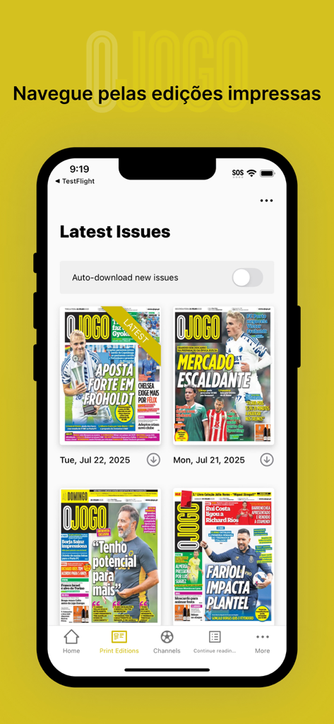 Écran de l'application O Jogo affichant les éditions de journaux imprimés numériques sur un smartphone