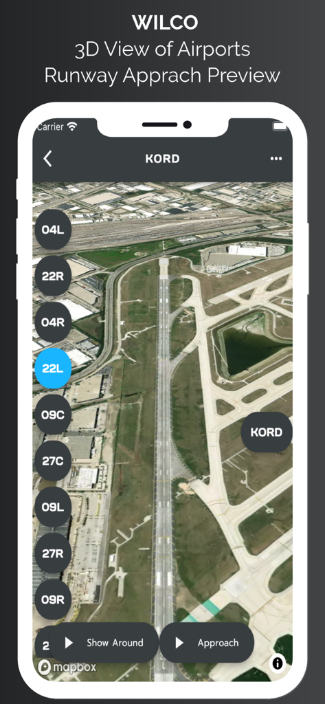 WilCo - Pilot Aviation Weather - 3D satellite view of Chicago O Hare airport runway approach preview in the WilCo aviation app.