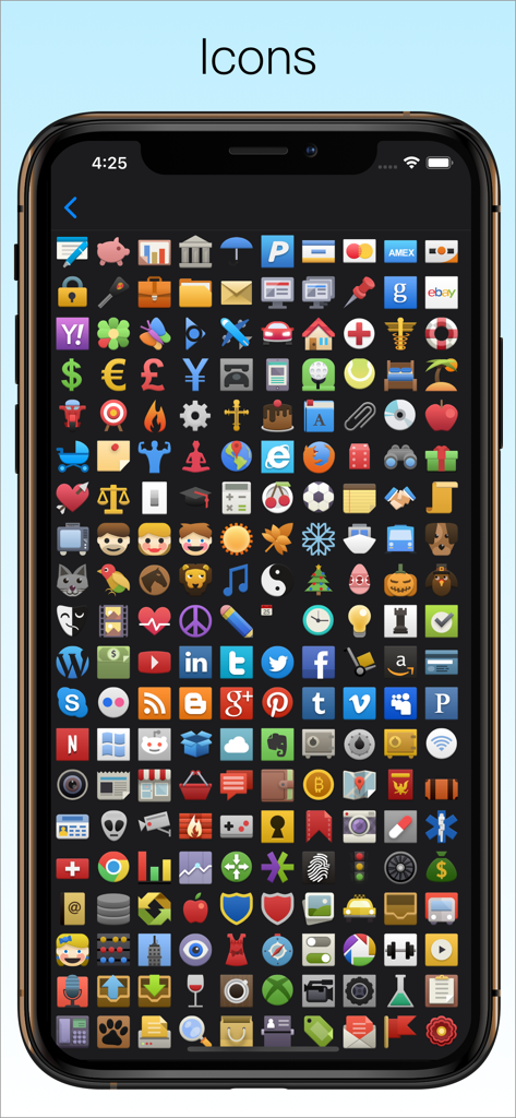 Password Manager Data Vault - A wide variety of colorful custom icons for personalizing entries in the DataVault Password Manager app.