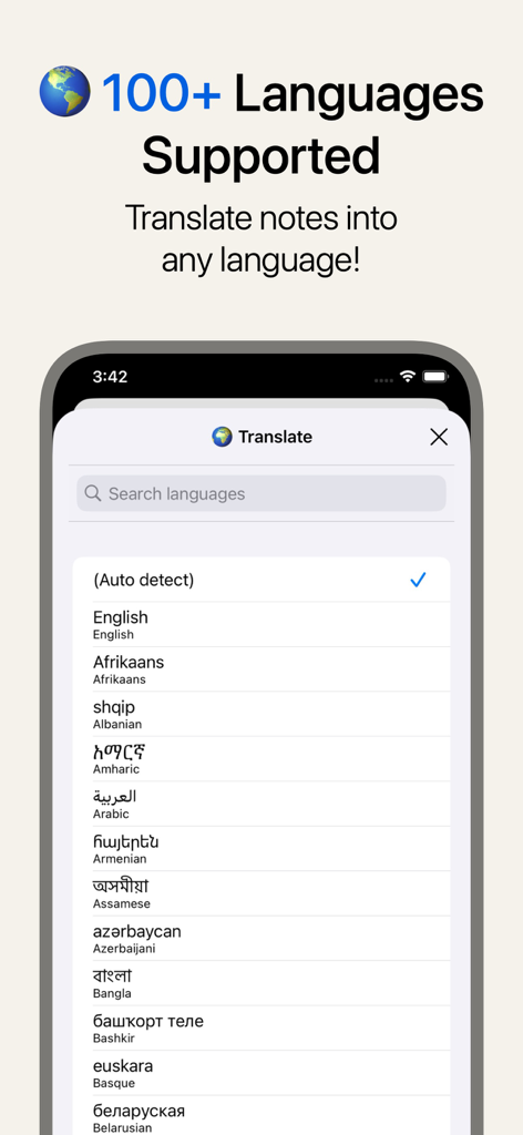 Melonote:AI Voice to Text Note - Melonoteアプリの画面。英語、アラビア語など100以上の言語に対応する翻訳オプションを表示しています。