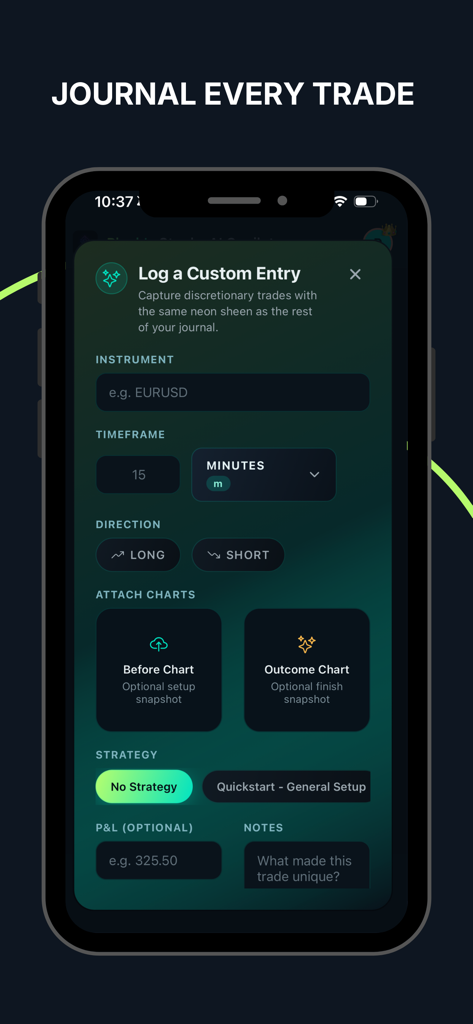 Stonks AI - Interface do aplicativo móvel Stonks AI para registrar uma entrada de negociação personalizada, incluindo instrumento, timeframe e campos de estratégia