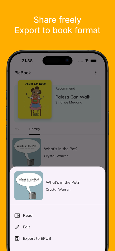 PicBook: Picture Book Creator - Interfaz de la aplicación PicBook que muestra la opción de exportar un libro ilustrado digital en formato EPUB desde la biblioteca.