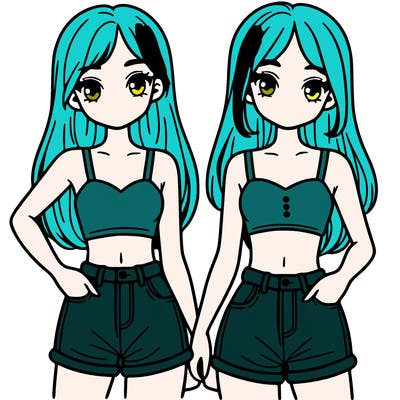 two sisters with crop tops and jean shorts and straight hair