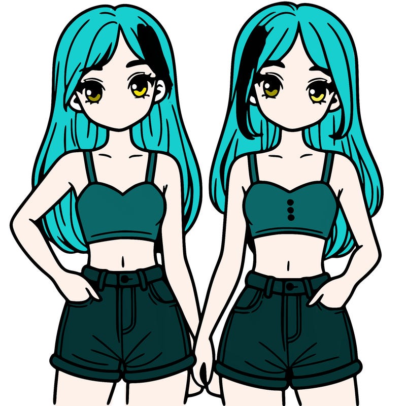 two sisters with crop tops and jean shorts and straight hair