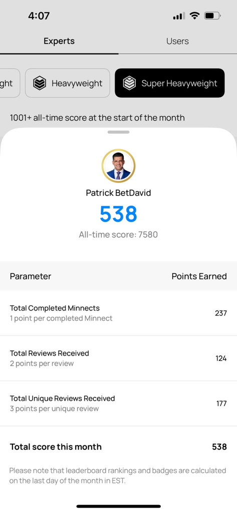 MINNECT - Profil de l'expert Patrick Bet David sur Minnect montrant le score et les sessions terminées