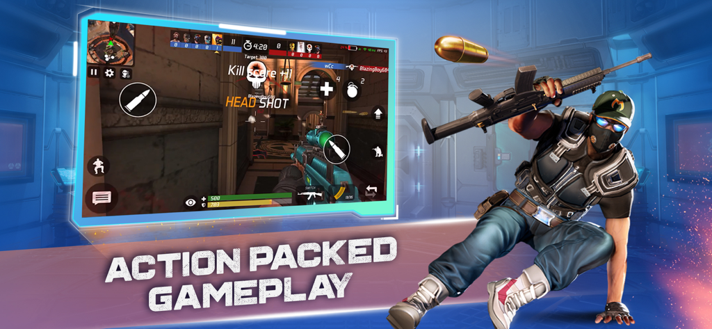 Promotional image for MaskGun showing a tactical character and a mobile gameplay screen featuring a headshot