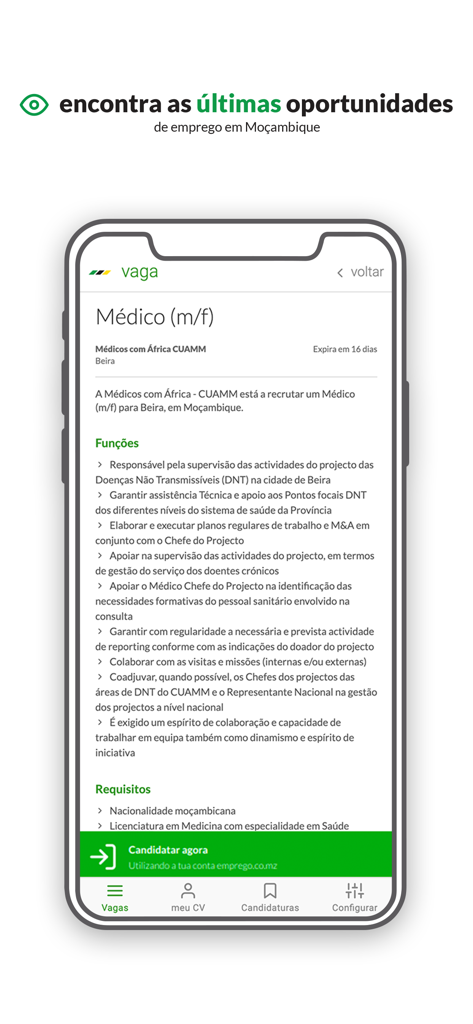 emprego.co.mz - A job vacancy listing for a doctor in Mozambique on the emprego.co.mz mobile app
