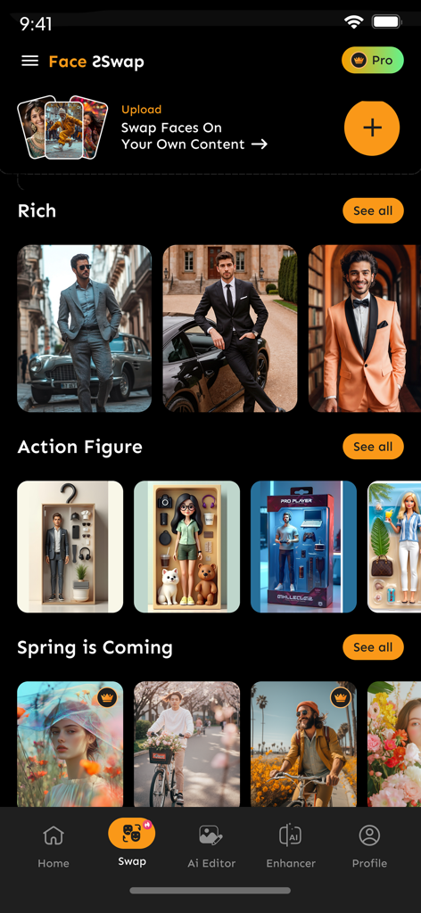 AI Face Swap - New Look - The Swap tab of the AI Face Swap app interface displaying various template categories including Rich, Action Figure, and Spring is Coming.