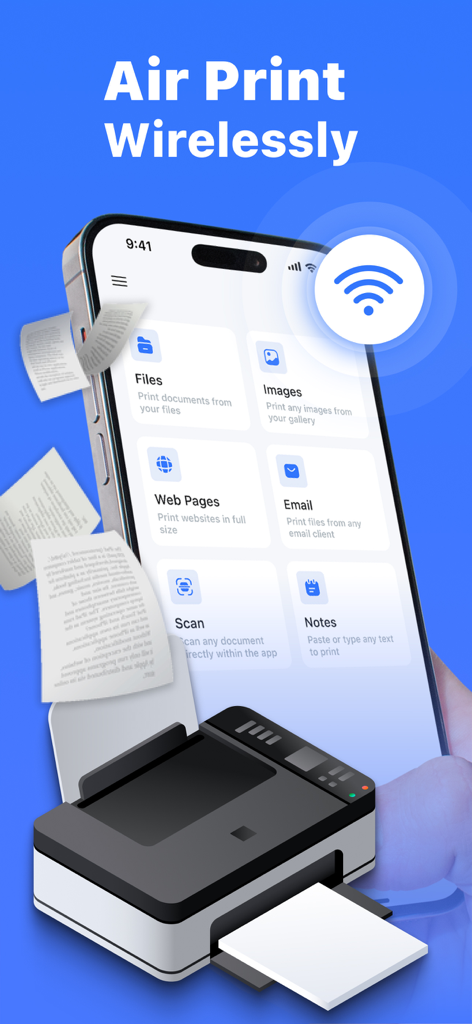 Air Printer - Smart Print App - Interface do aplicativo Air Printer num iPhone mostrando opções de impressão sem fio para arquivos, imagens e digitalizações de documentos