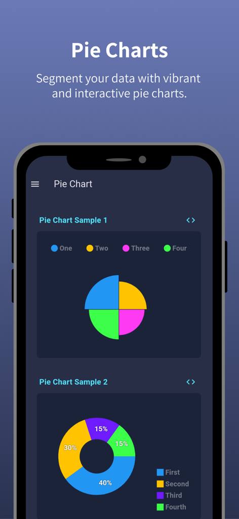 FL Chart - A mobile app screen demonstrating various interactive and colorful pie chart samples for the FL Chart Flutter library.