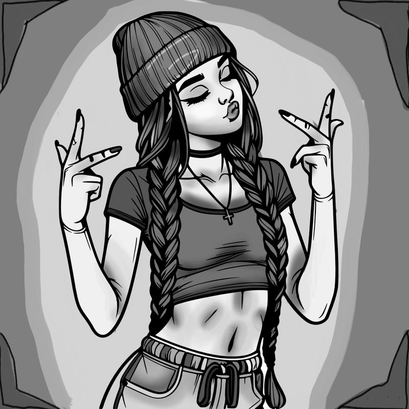 realistic teenage girl with braids and a beanie and crop top doing 🫶🏼