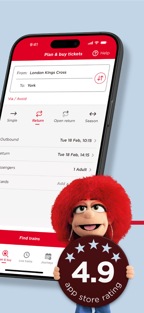 LNER 앱 티켓 예매 인터페이스, 런던 킹스 크로스에서 요크까지의 여정과 4.9 앱 스토어 평점 배지를 표시