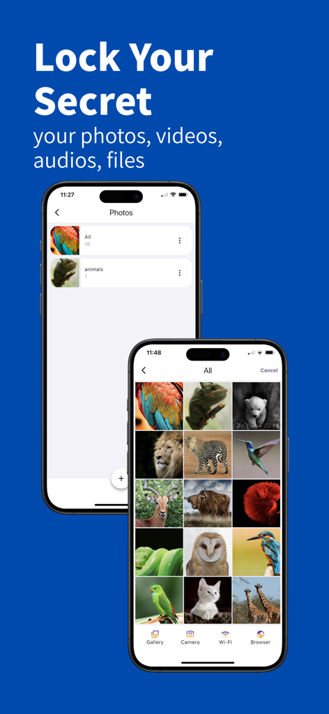Calculator Vault - Privacy - Interface do aplicativo Calculator Vault mostrando pastas privadas e uma galeria de fotos de animais oculta